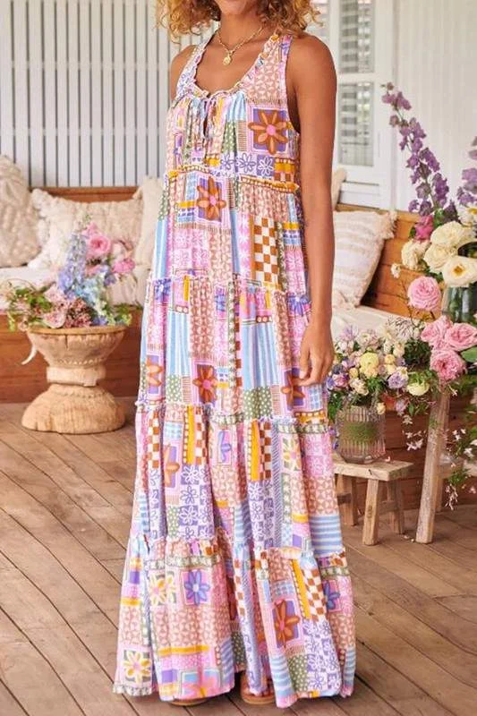 GRAPHIC SLEEVELESS MAXI DRESS Fashionable Off-Shoulder Maxi Dress