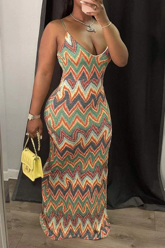 GRAPHIC V NECK CAMI MAXI DRESS Stylish Maxi Dress with Frills