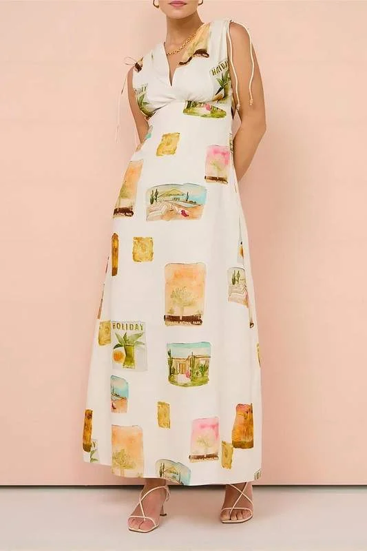 GRAPHIC V NECK MAXI DRESS Elegant Maxi Dress with Slit