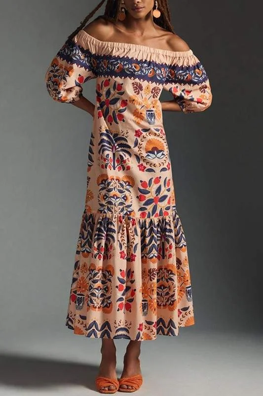 GRAPHICAL OFF SHOULDER MAXI DRESS Comfortable Bohemian Maxi Dress