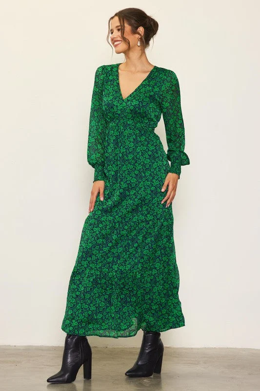 GREEN AND NAVY FLORAL MAXI DRESS WITH SMOCKED CUFFS Elegant Maxi Dress with Ruffles
