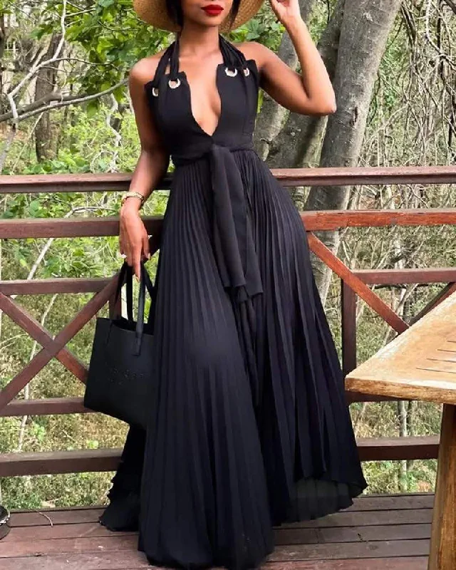 GROMMET EYELET HALTER PLEATED CHIFFON MAXI DRESS Fashionable Chiffon Tiered Maxi Dress GROMMET EYELET HALTER PLEATED CHIFFON MAXI DRESS Fashionable Chiffon Tiered Maxi Dress