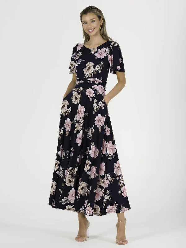 Hailey Jersey Angel Sleeve Maxi Dress, Navy Floral Comfortable Long-Sleeve Maxi Dress Hailey Jersey Angel Sleeve Maxi Dress, Navy Floral Comfortable Long-Sleeve Maxi Dress