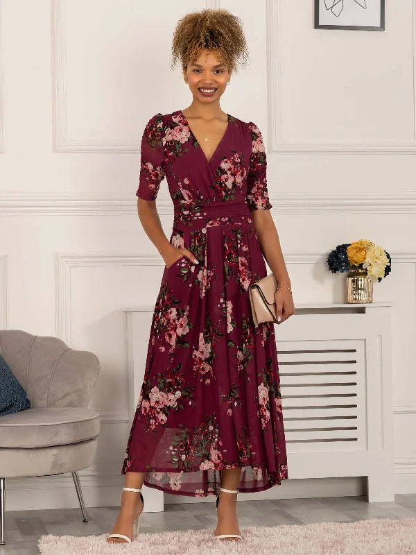 Haizley Floral Print Mesh Maxi Dress, Mauve Purple Stylish Maxi Dress with Pleats