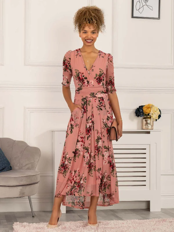 Haizley Floral Print Mesh Maxi Dress, Pink Fashionable High-Low Maxi Dress
