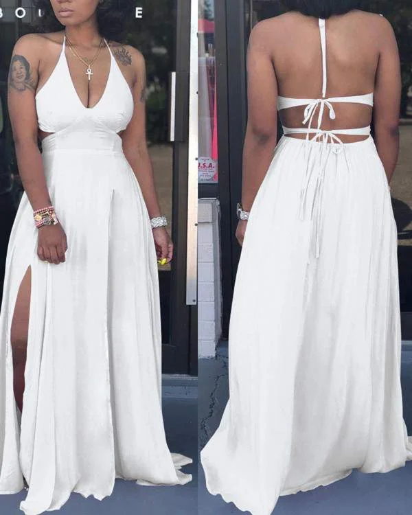 Halter Backless High Slit Maxi Dress Cozy Maxi Dress with Slit