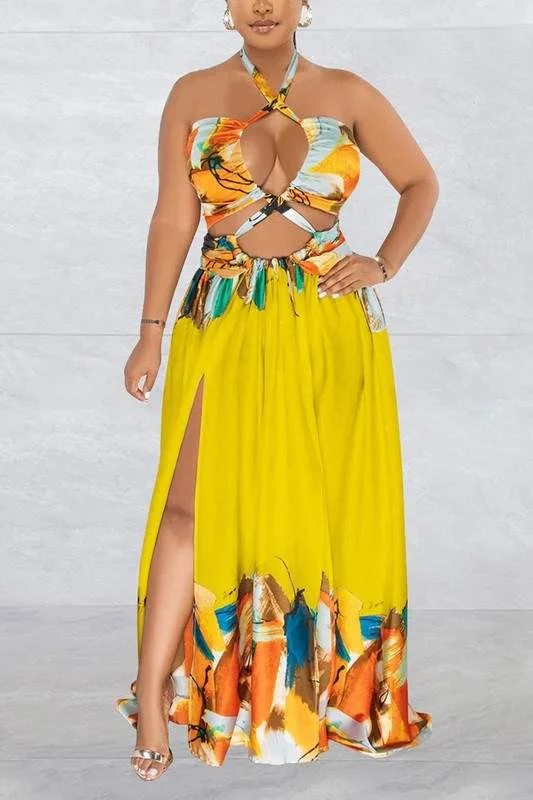 HALTER GRAPHIC MAXI DRESS Comfortable Ruffle Hem Maxi Dress