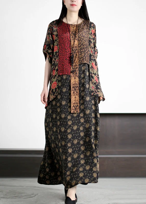 Handmade Black Asymmetrical Print Patchwork Silk Maxi Dresses Summer Stylish Off-Shoulder Maxi Dress Handmade Black Asymmetrical Print Patchwork Silk Maxi Dresses Summer Stylish Off-Shoulder Maxi Dress