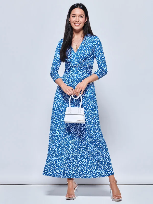 Hayat Twist Front Jersey Maxi Dress, Blue Floral Cozy Ribbed Maxi Dress