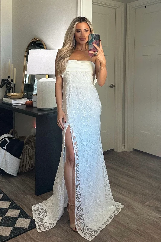 Hello Lover Bow Back Shimmer Lace Maxi Dress: White Stylish A-Line Maxi Dress