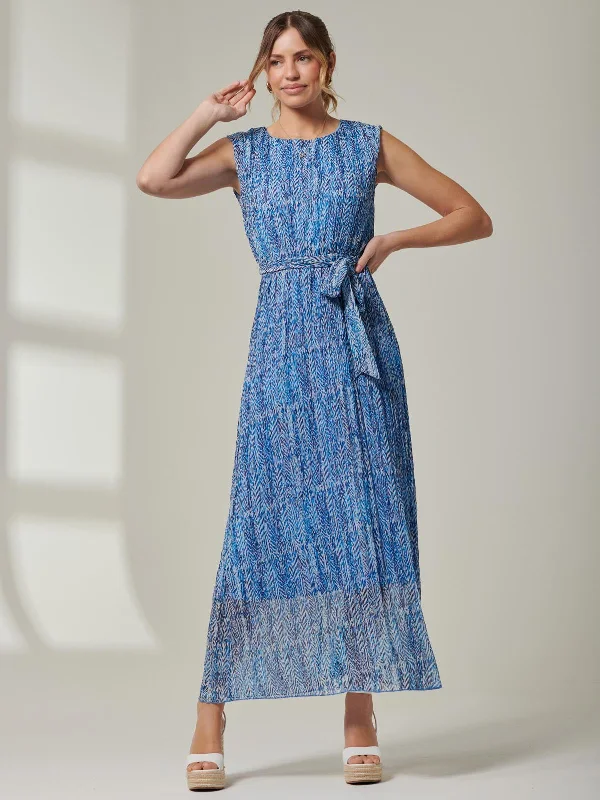 Hollyn Pleated Chiffon Maxi Dress, Blue Abstract Cozy Spaghetti Strap Maxi Dress