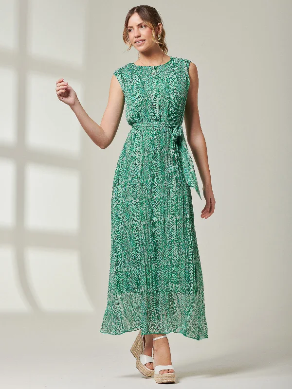 Hollyn Pleated Chiffon Maxi Dress, Green Abstract Elegant Velvet Maxi Dress