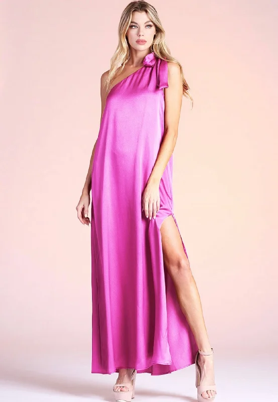 HOT PINK ONE SHOULDER MAXI DRESS Elegant Maxi Dress with Slit