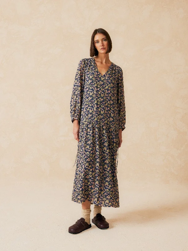 Printed Maxi Dress Blue Comfortable Pleated Maxi Dress