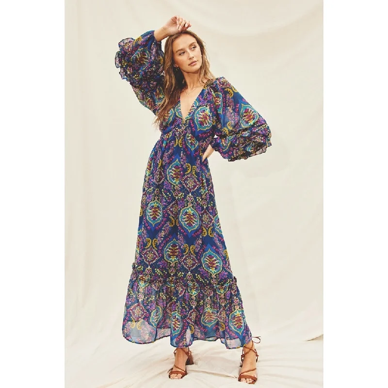 INDIGO AND MULTICOLORED PAISLEY RUFFLE DETAIL MAXI DRESS Elegant Wraparound Maxi Dress INDIGO AND MULTICOLORED PAISLEY RUFFLE DETAIL MAXI DRESS Elegant Wraparound Maxi Dress