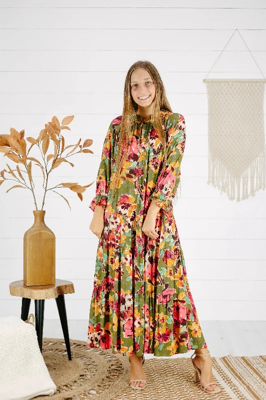 Julie Floral Maxi Dress - Olive Elegant Wraparound Maxi Dress