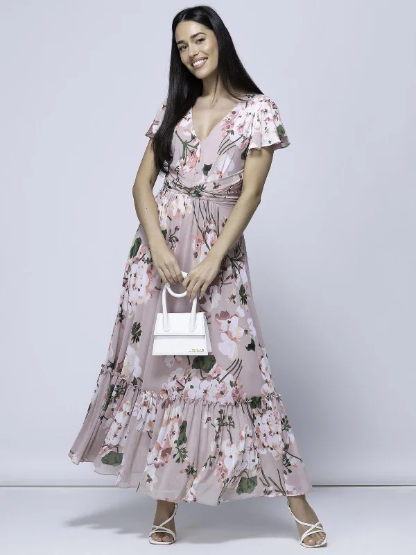 Kailee Mesh Floral Print Maxi Dress, Dusty Pink Trendy Maxi Dress with Straps