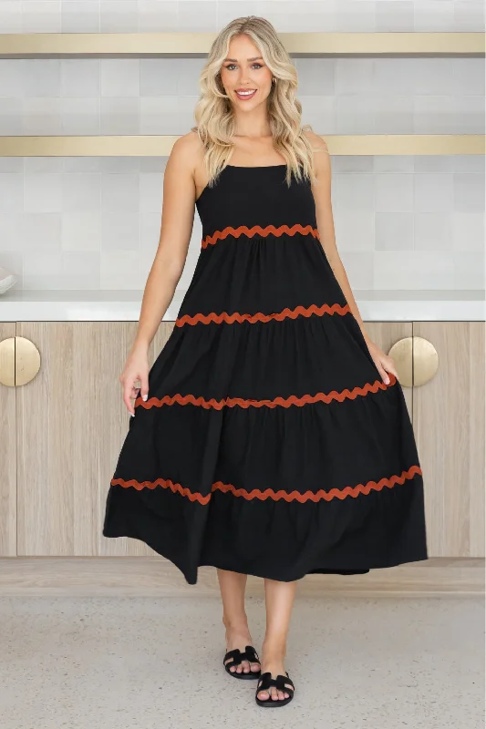 Kiki Linen Maxi Dress Black Rust Ric Rac Trendy Off-Shoulder Ruffle Maxi Dress