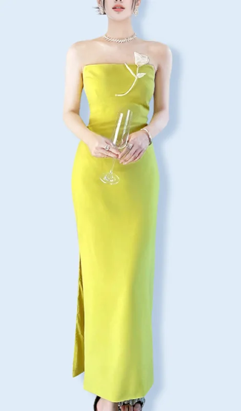 LEMON YELLOW FLOWER EMBELLISHED SLIT MAXI DRESS Classic Black Maxi Dress