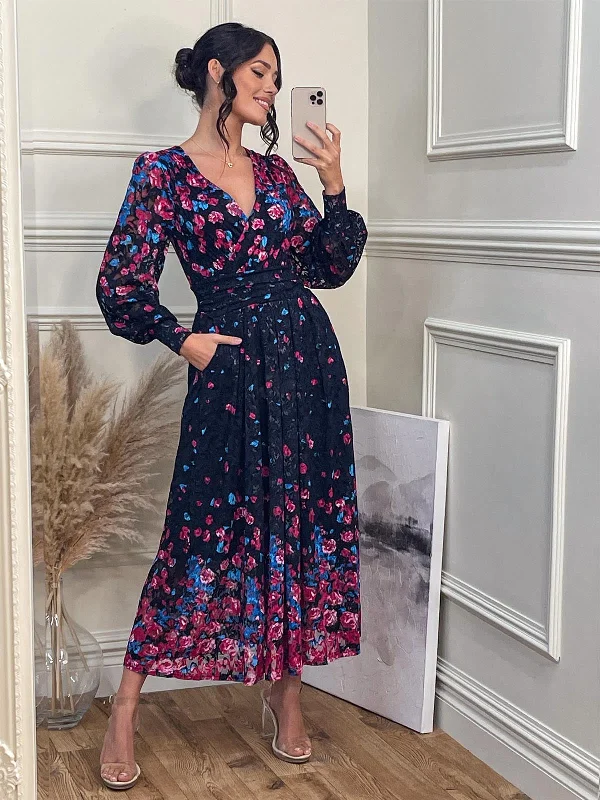 Lilah Symmetrical Print Lace Maxi Dress, Pink Multi Stylish Off-Shoulder Maxi Dress