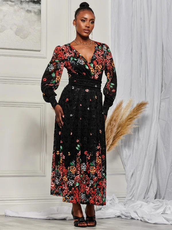Lilah Symmetrical Print Lace Maxi Dress, Red Multi Elegant Maxi Dress with Belt