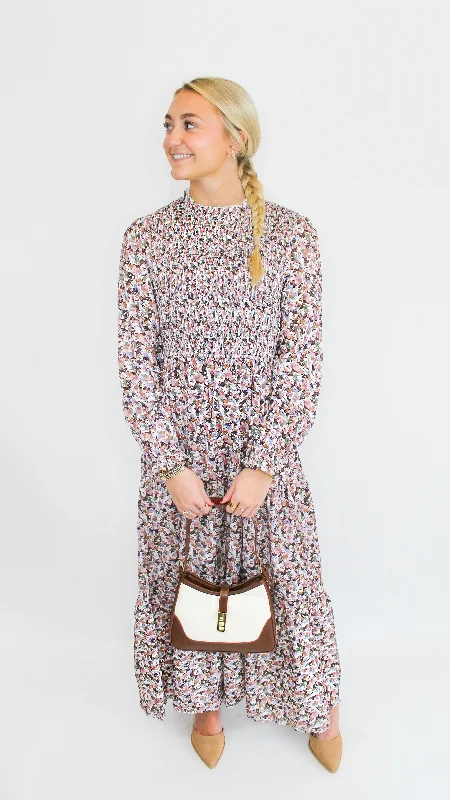 "Lively Love" Cinched Cuff Floral Print Smocked Maxi Dress Fashionable Asymmetrical Maxi Dress