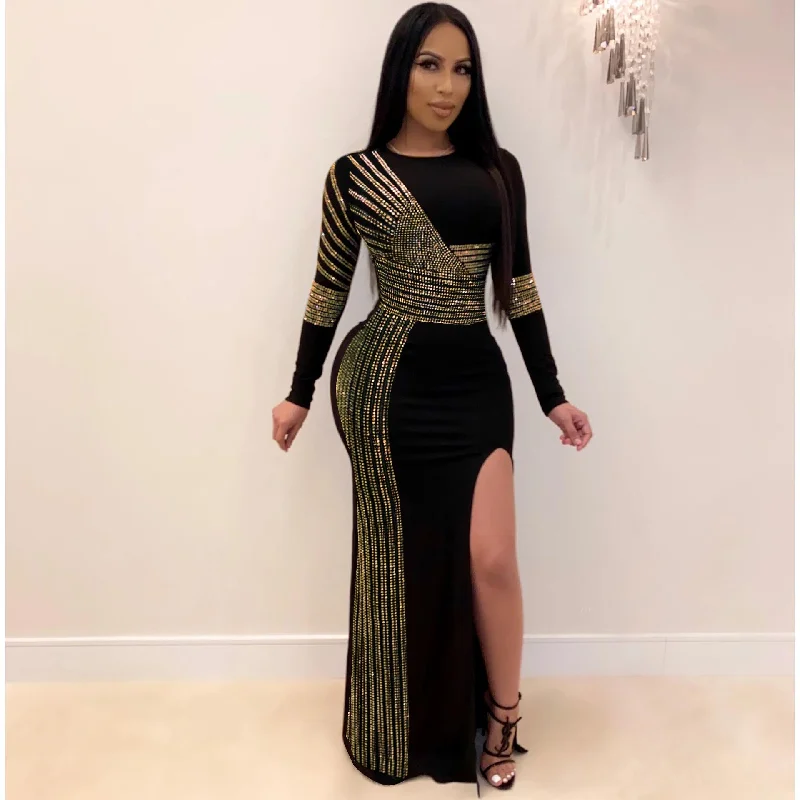 Long Sleeve Sequins High Split Maxi Dresses Comfortable Pleated Maxi Dress