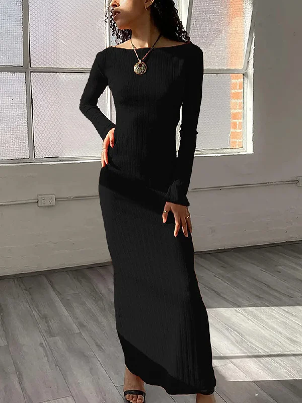 Long Sleeves Solid Color Maxi Dresses Stylish Pleated A-Line Maxi Dress