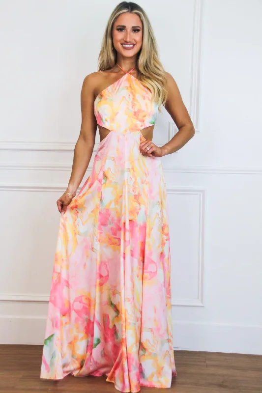 Lyana Watercolor Pastel Open Back Maxi Dress: Pink/Orange Multi Comfortable Maxi Dress with Sleeves