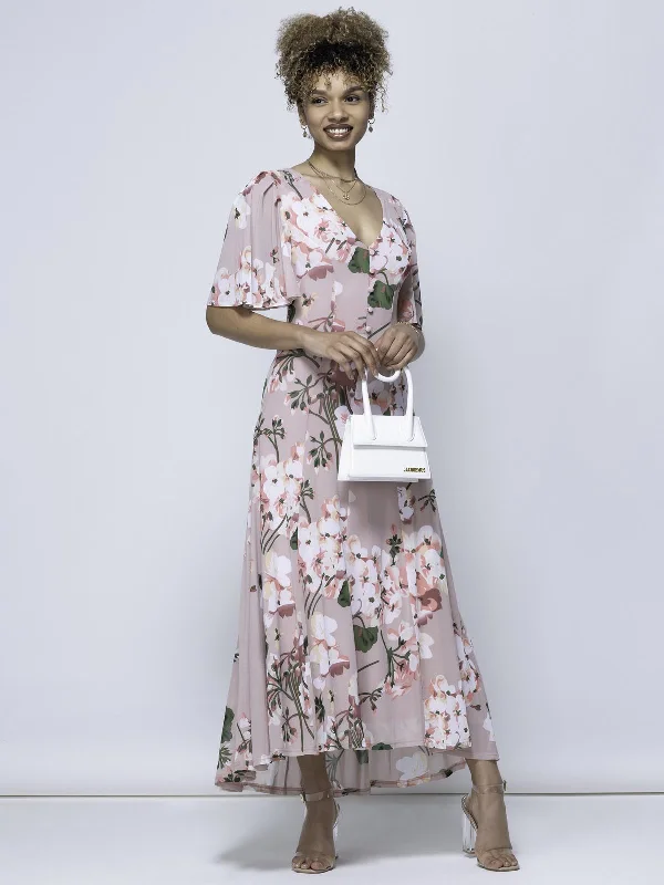 Mabilla Floral Print Mesh Maxi Dress, Dusty Pink Fashionable High-Waist Maxi Dress