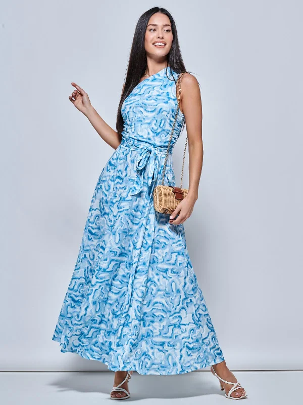 Marble Print One Shoulder Maxi Dress, Blue Multi Fashionable High-Low Maxi Dress