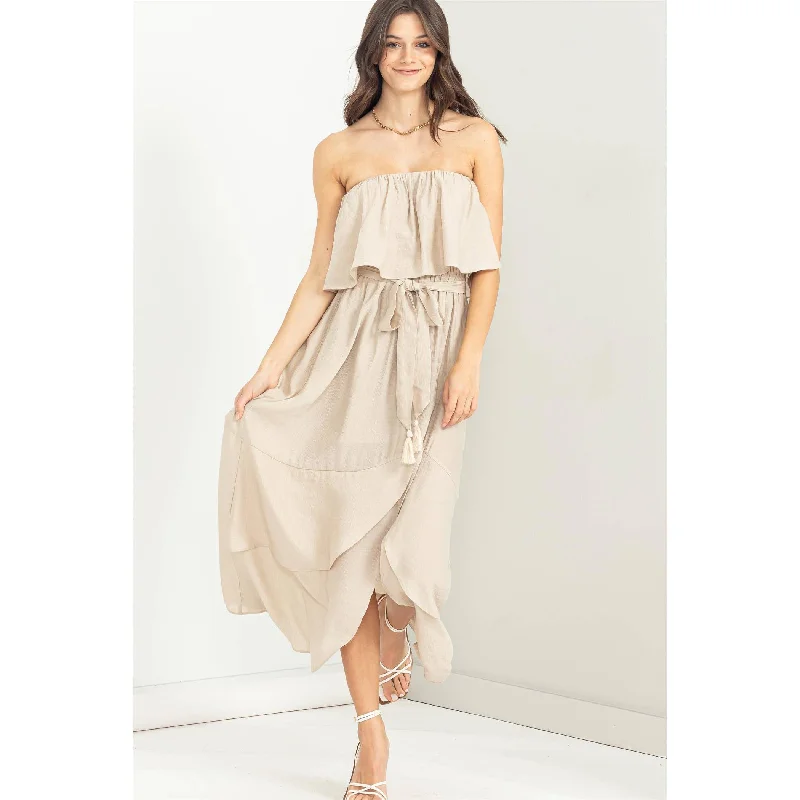 MATCH MY VIBE TIE-WAIST STRAPLESS KHAKI MAXI DRESS Fashionable Maxi Dress with Fringe MATCH MY VIBE TIE-WAIST STRAPLESS KHAKI MAXI DRESS Fashionable Maxi Dress with Fringe