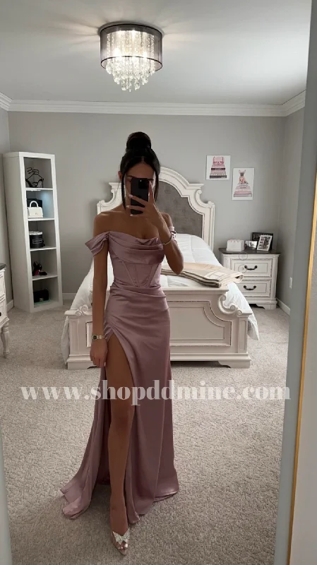 MAUVE SATIN OFF SHOULDER MAXI DRESS Cozy Spaghetti Strap Maxi Dress