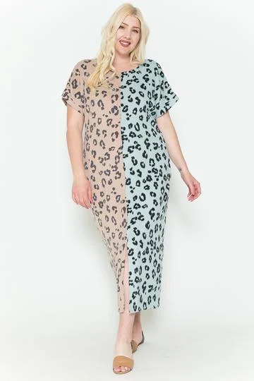 Mint Combo Front Slit Dolman Leopard Print Maxi Dress Comfortable Maxi Dress with Slits Mint Combo Front Slit Dolman Leopard Print Maxi Dress Comfortable Maxi Dress with Slits