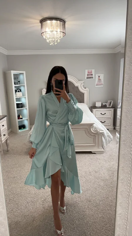 MINT SATIN WRAP MAXI DRESS Comfortable Fitted Maxi Dress