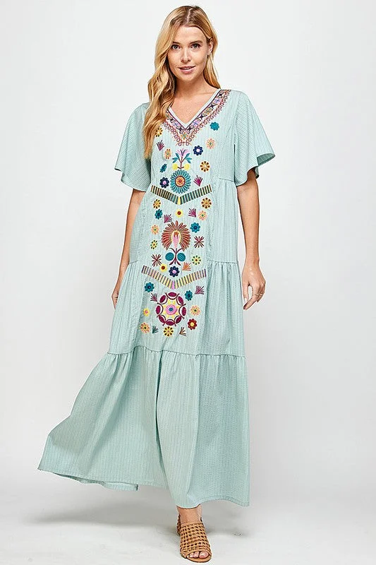 MINT STRIPED EMBROIDERED SHORT SLEEVE MAXI DRESS Stylish Boho Maxi Dress