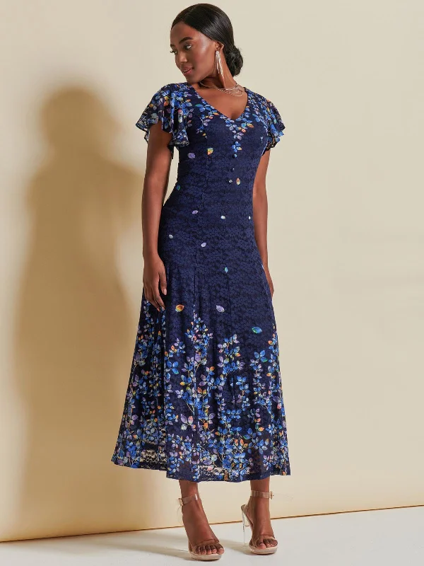 Mirrored Print Lace Maxi Dress, Blue Multi Cozy Ruffle Sleeve Maxi Dress