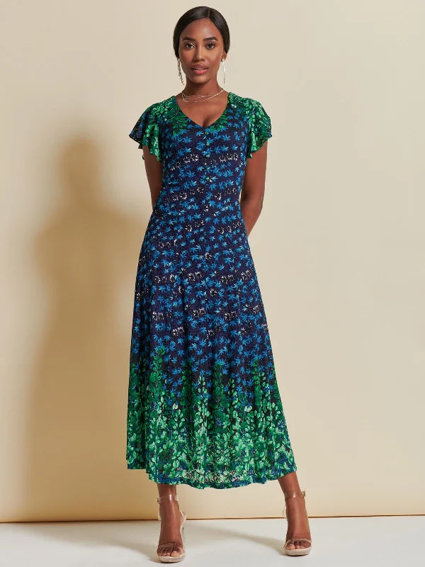 Mirrored Print Lace Maxi Dress, Green Multi Elegant Silk Maxi Dress