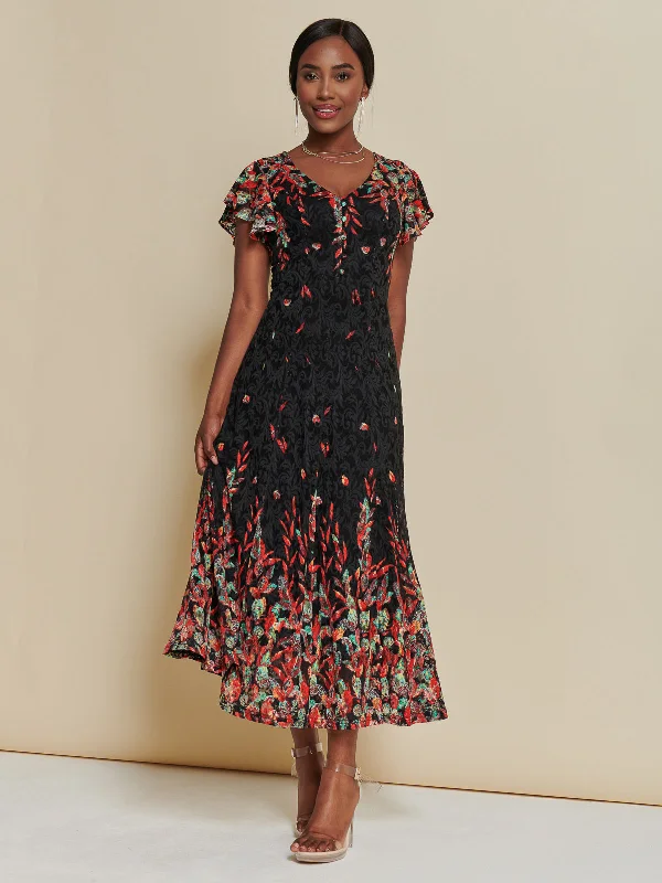 Mirrored Print Lace Maxi Dress, Red Multi Fashionable Chiffon Tiered Maxi Dress