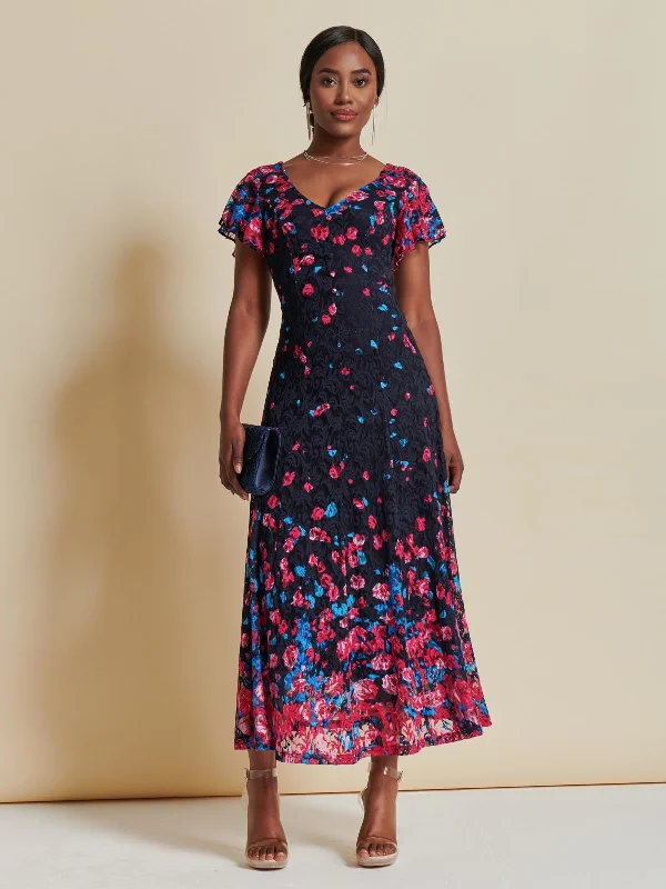 Mirrored Print Lace Maxi Dress, Pink Multi Stylish Off-Shoulder Maxi Dress