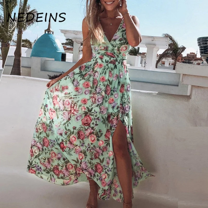 NEDEINS Summer Women Print V Neck Split Maxi Dress Floral Spaghetti Strap Party Chiffon Elegant Casual Dresses Beach Trendy A-Line Maxi Dress