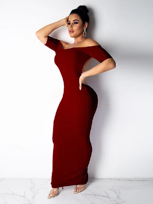 Off Shoulder Backless Rib Sheath Bodycon Maxi Dresses Fashionable Sheer Maxi Dress