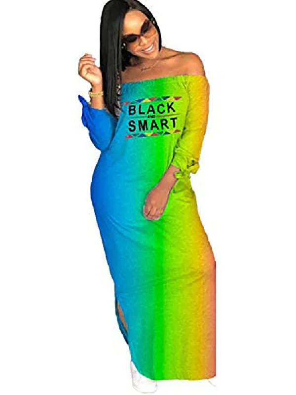 Off Shoulder Letter Print Split Maxi Dresses Comfortable T-Shirt Maxi Dress