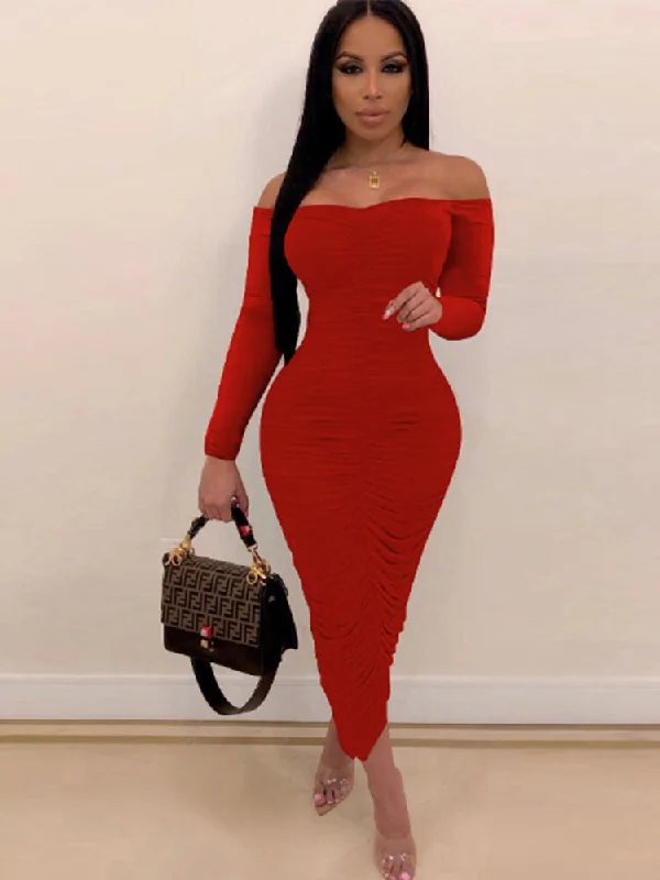 Off Shoulder Long Sleeve Elegant Maxi Dresses Classic Tulle Maxi Dress