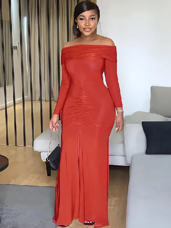 Off Shoulder Long Sleeve Fishtail Maxi Dresses Cozy Knit Maxi Dress