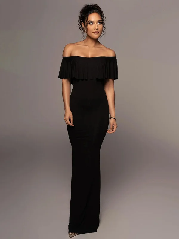 Off Shoulder Solid Ruffle Maxi Dresses Cozy Longline Maxi Dress