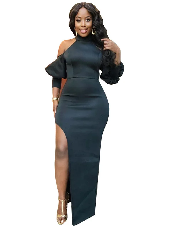 Off Shoulder Solid Split Maxi Dresses Comfortable Maxi Dress with Sleeves