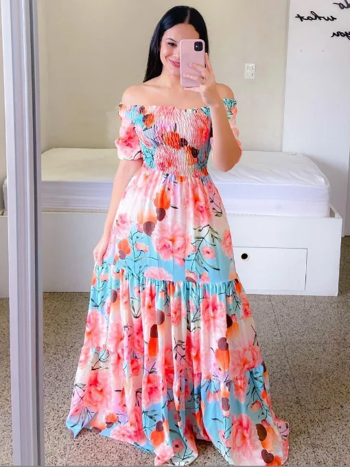 Offshoulder Short Sleeve High Waist Maxi Dress Stylish V-Neck Maxi Dress