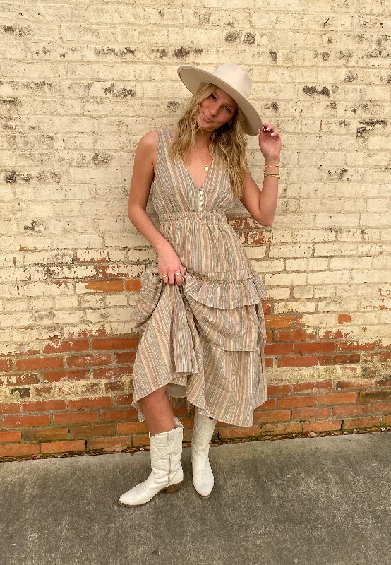 OLIVE MULTI PIN STRIPED V-NECK SLEEVELESS TIERED SKIRT MAXI DRESS Trendy Maxi Dress with Bow OLIVE MULTI PIN STRIPED V-NECK SLEEVELESS TIERED SKIRT MAXI DRESS Trendy Maxi Dress with Bow