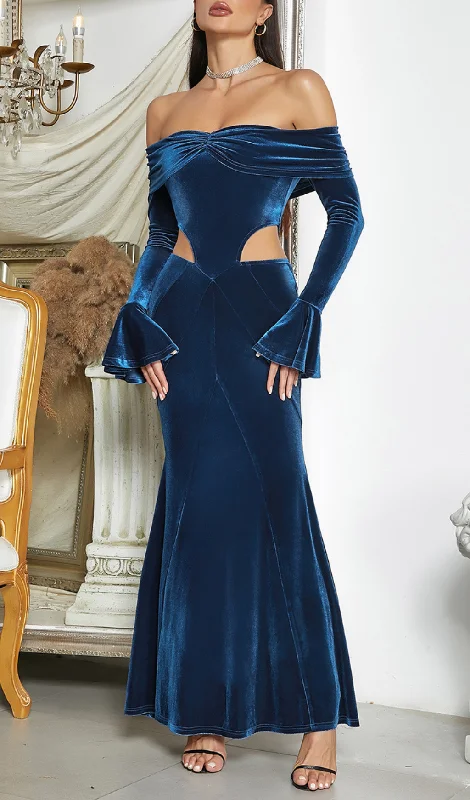 ONE-SHOULDER LONG-SLEEVED HOLLOW RUFFLED MAXI DRESS Cozy Maxi Dress with Slit